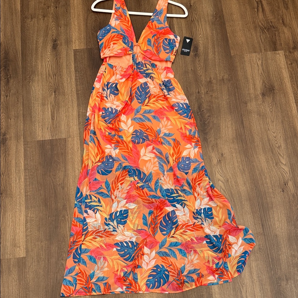 Guess Orange and Blue Leaf Print Maxi Dress